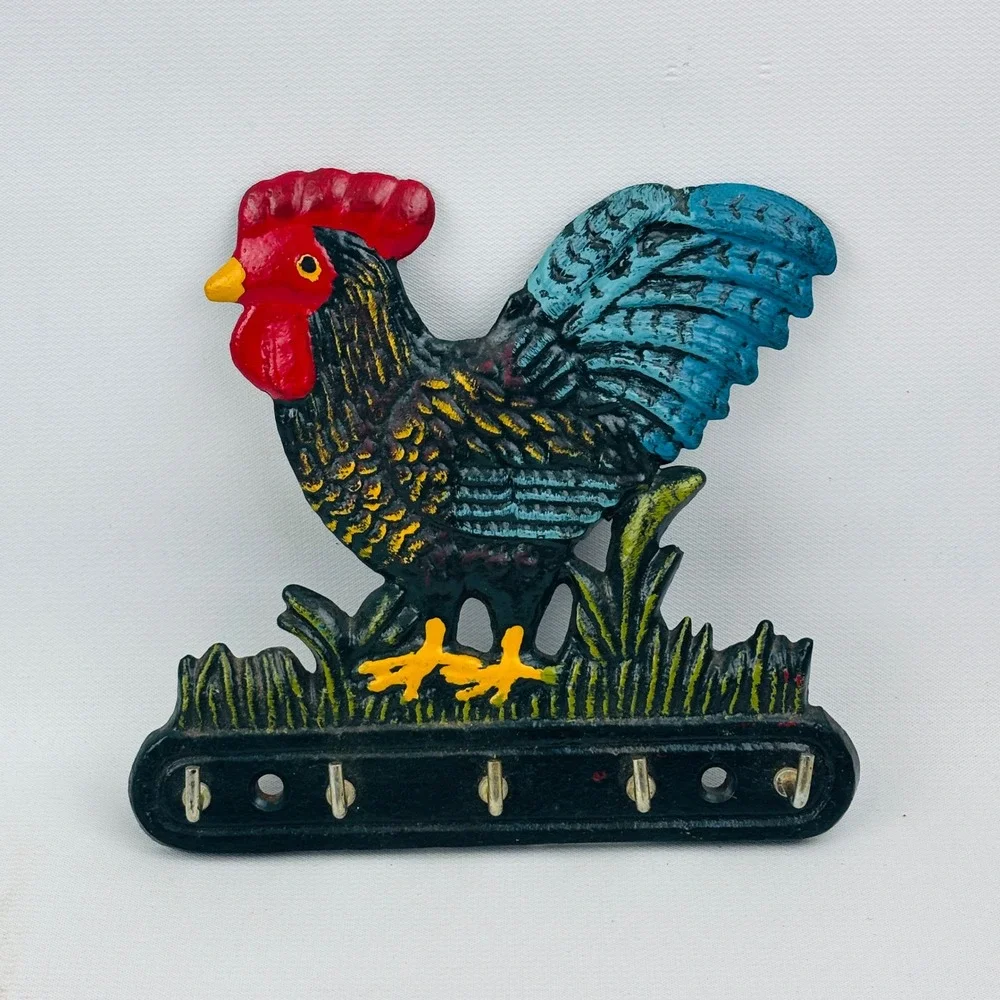 Vintage Cast Iron Rooster Chicken Key Rack Wall Mount 5 Hook Farmhouse Country